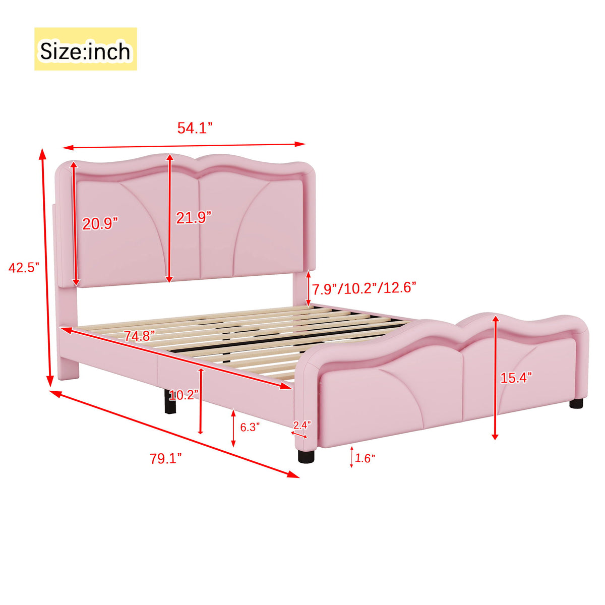 Upholstered Platform Bed & Curve Shaped And Height Adjustable Headboard, LED Light Strips