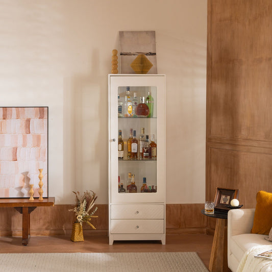 Modern Upholstered Glass Display Cabinet With Adjustable LED Light - White