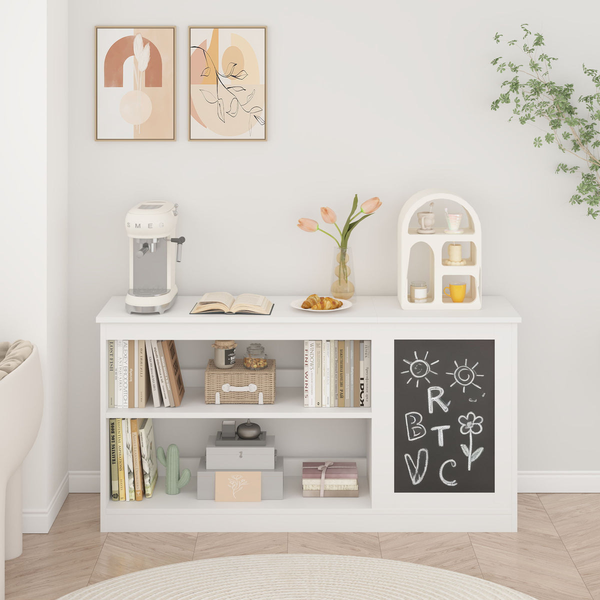 3 In 1 Bookshelf And Toy Storage Cabinet With Chalkboard, Organizer For Playroom Featuring And Spacious Storage - White