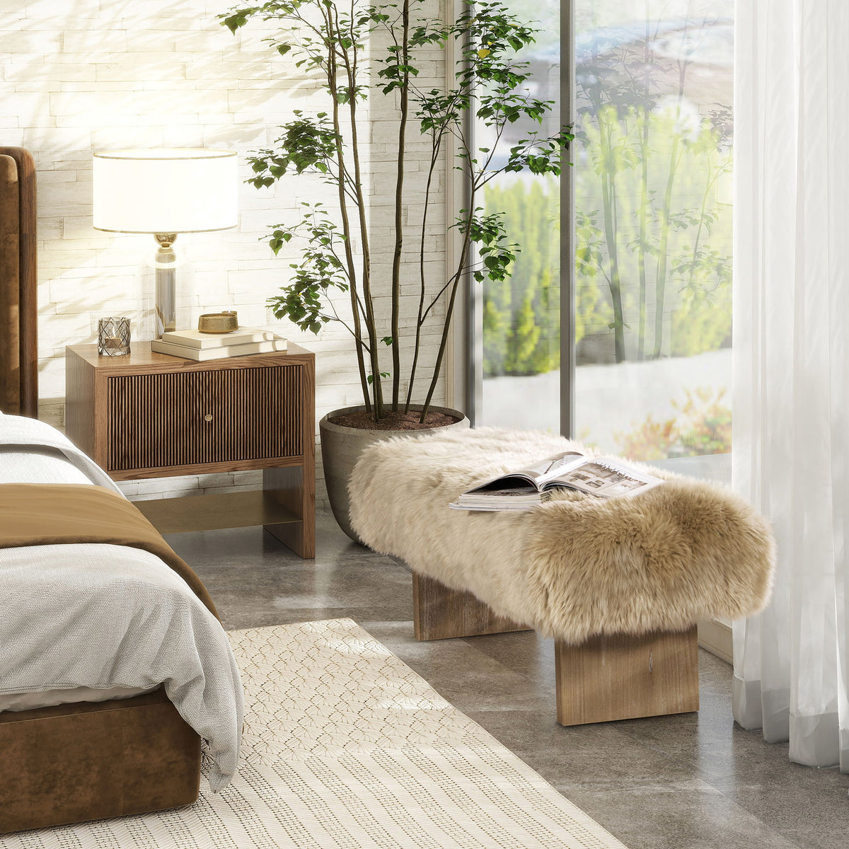 Leda - Sheepskin Fur Rectangular Accent Bench - Natural Blonde