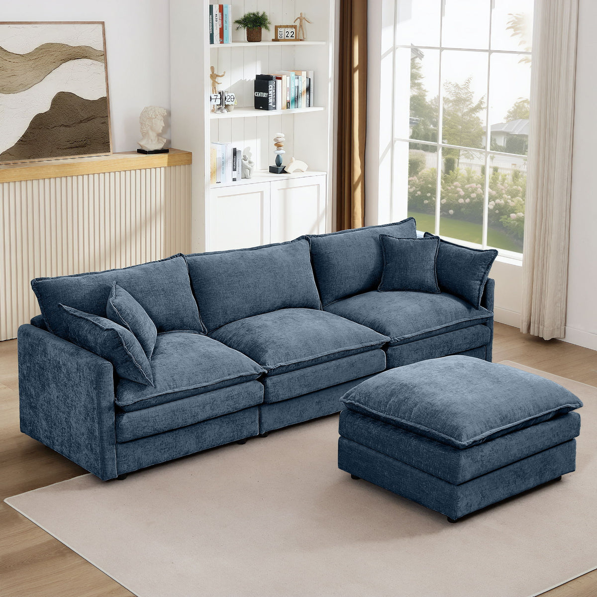 Modular Sectional Sofa L-Shaped Couch With Movable Ottoman - Blue