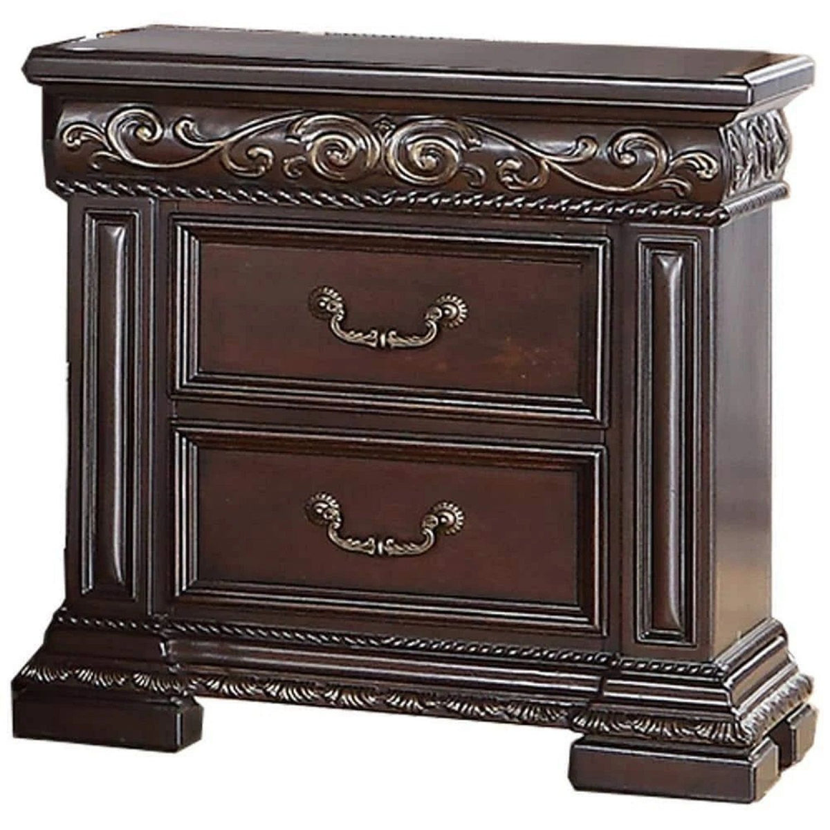 2 Drawer Nightstand, Carvings Bedside Table, Bedroom Furniture - Cherry