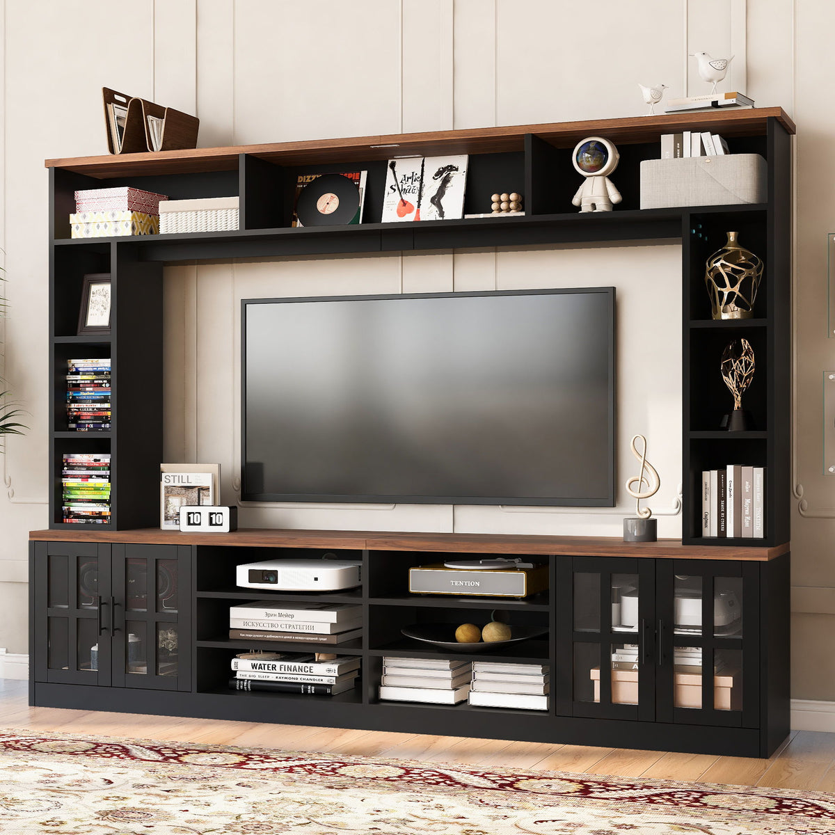 Wall Unit Entertainment Center With Bookshelves For TVs Up To 80", Tempered Glass Doors And Adjustable Shelves