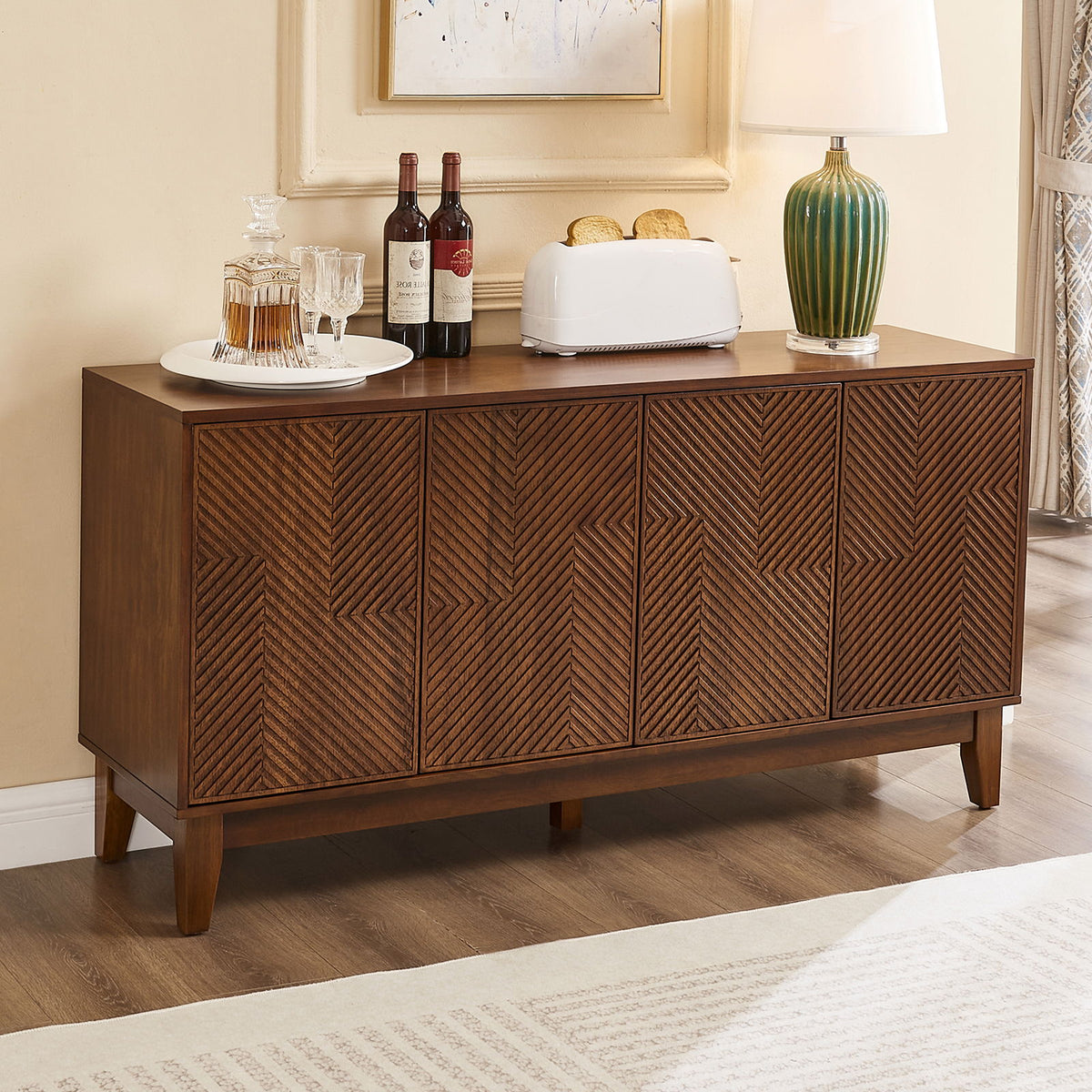 TV Stand & Carved Geometric Doors, Storage Cabinet For Living Room - Walnut