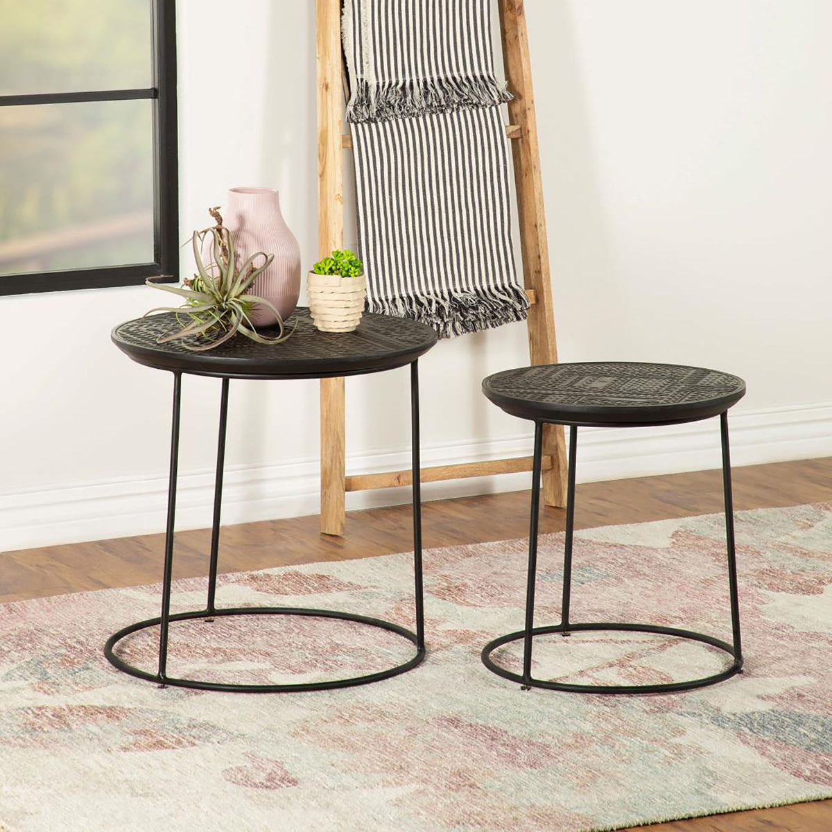2 Piece Nesting Table With Embossed Tops And Base - Black