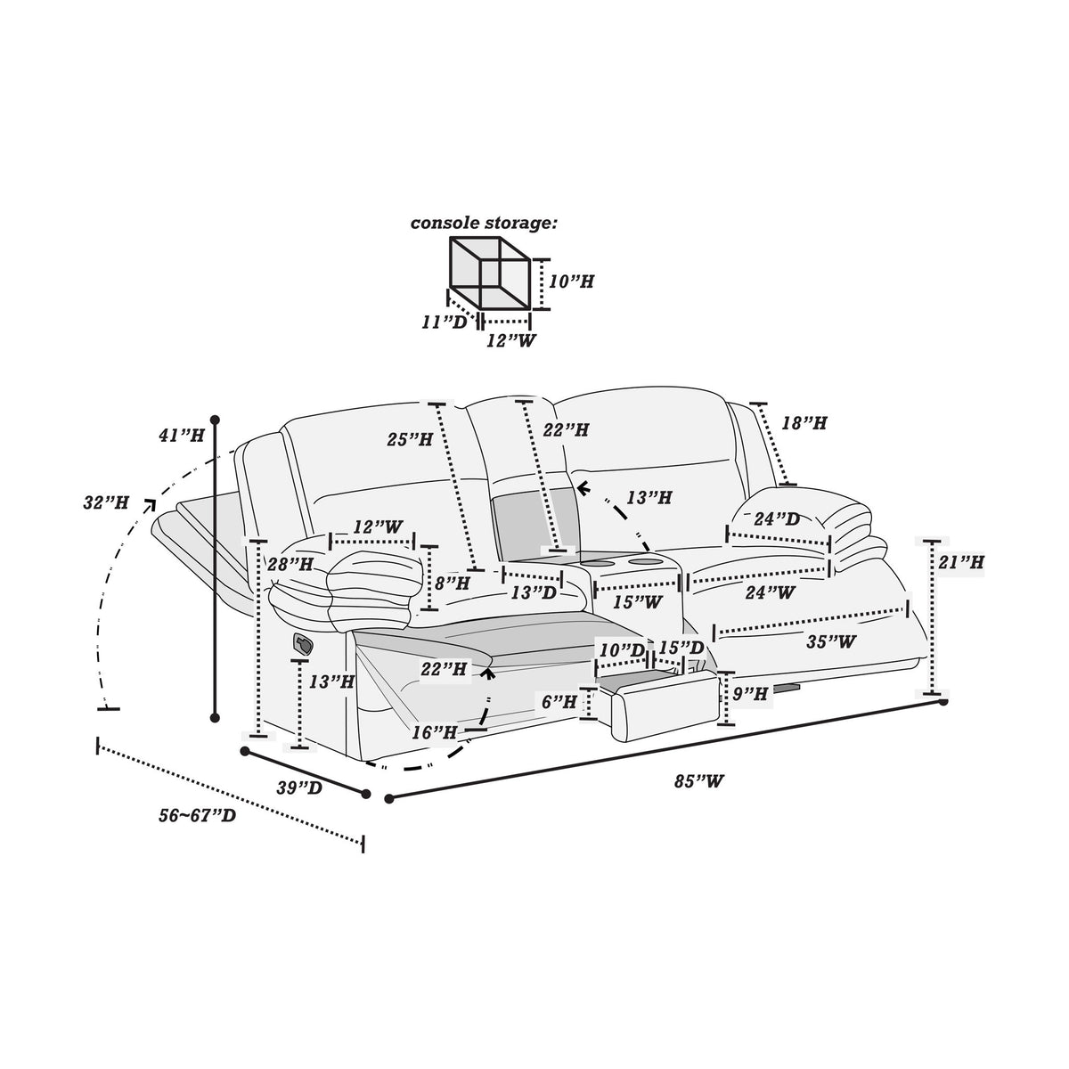 Contemporary Motion Loveseat With Console Storage
