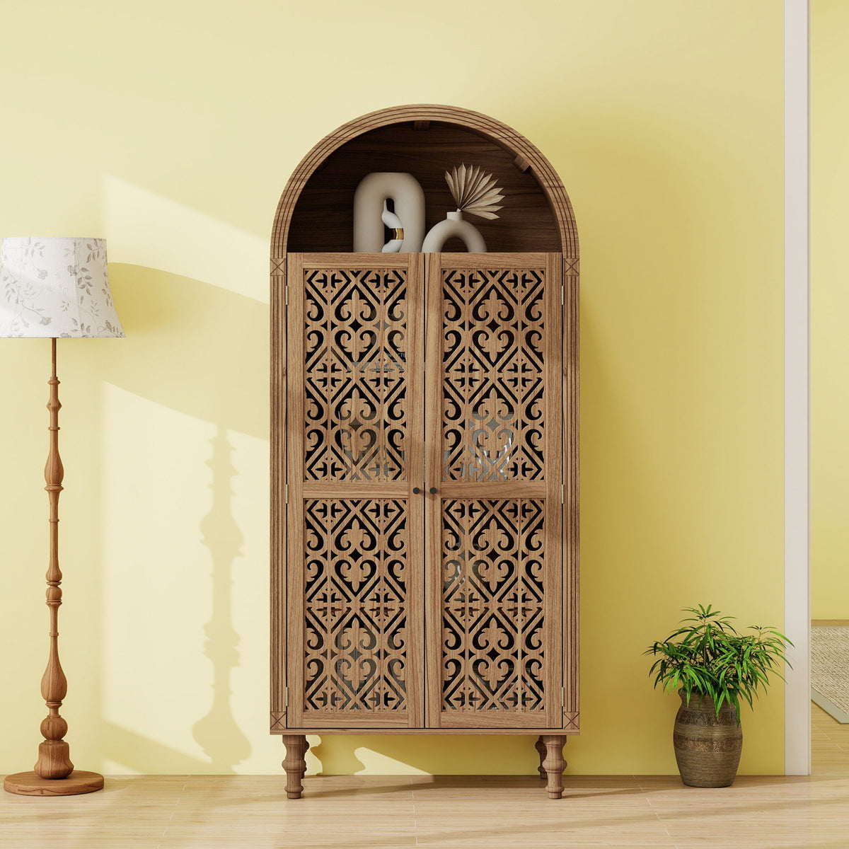 Tall Kitchen Pantry Cabinet With Hollow Carved Doors Adjustable Shelves Versatile Storage Cabinet For Kitchen - Walnut