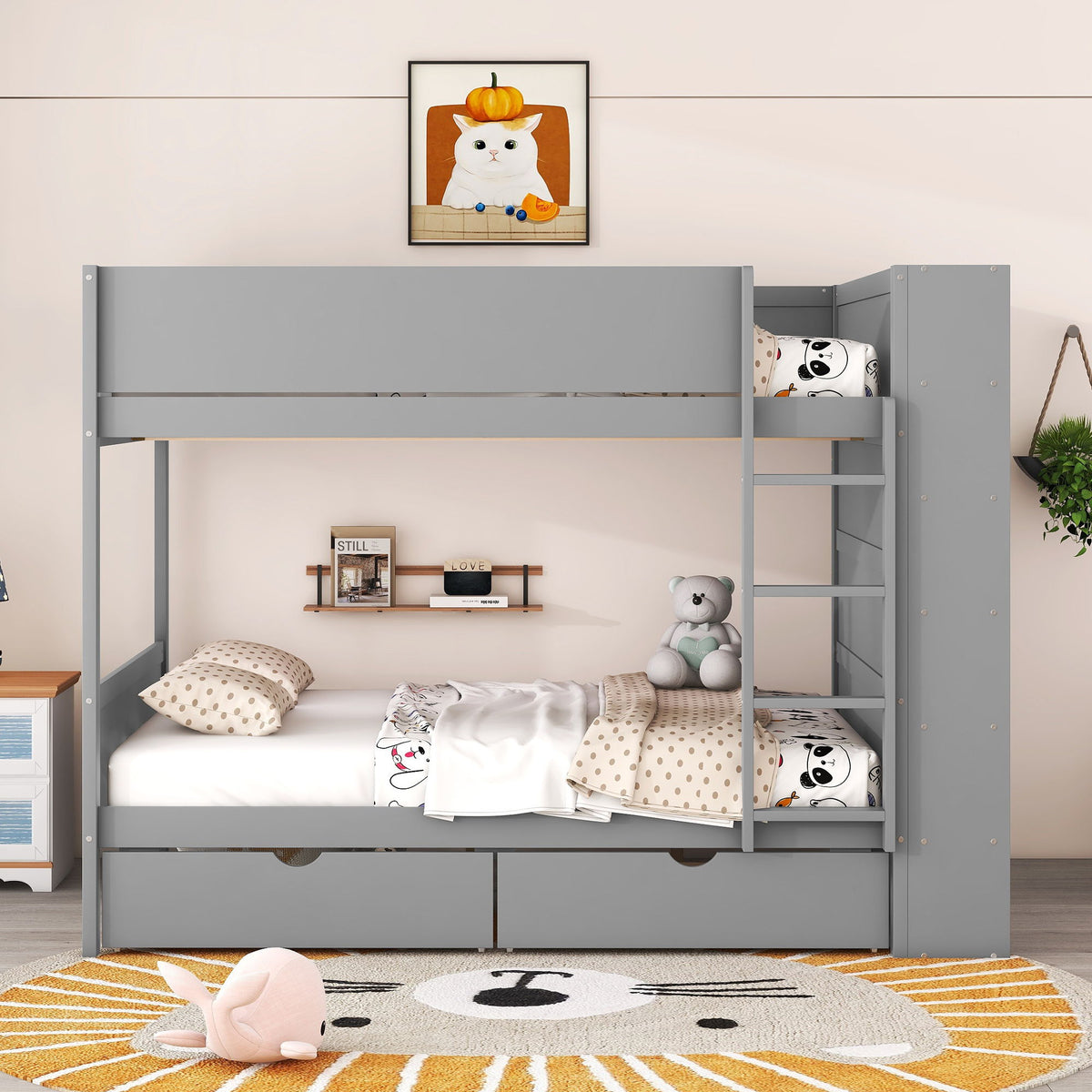 Full Over Full Bunk Bed With 2 Drawers And Multi-Layer Cabinet - Gray