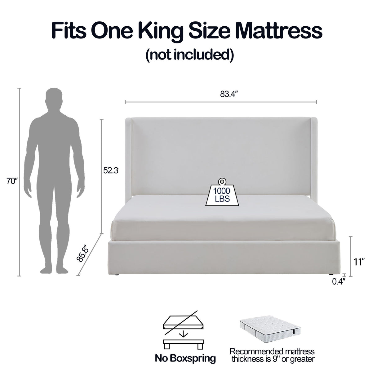 Carmen - King Size Upholstered Wingback Bed - White