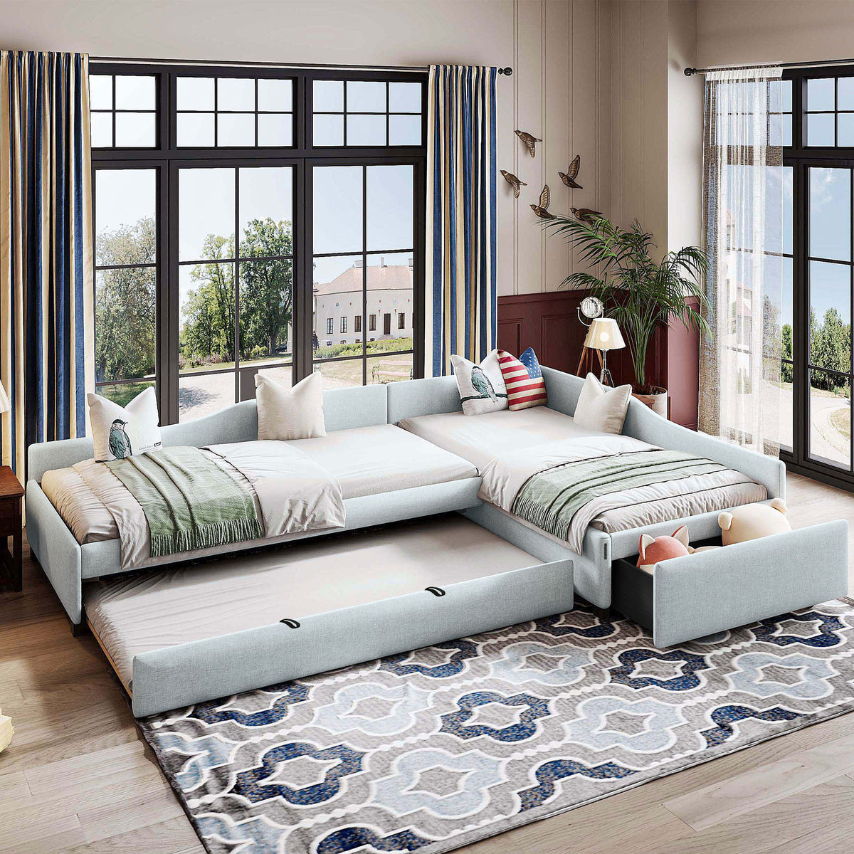 Upholstered Double Daybed With Trundle And Drawer