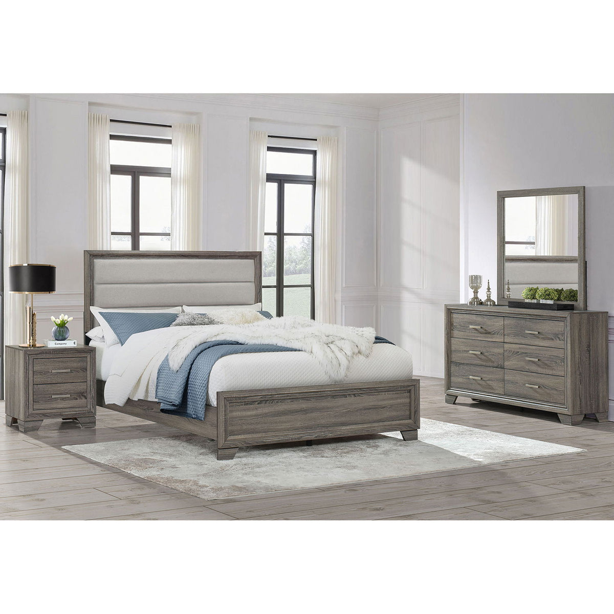 Funston - 4 Piece Queen Bedroom Set With Upholstered Headboard - Oak