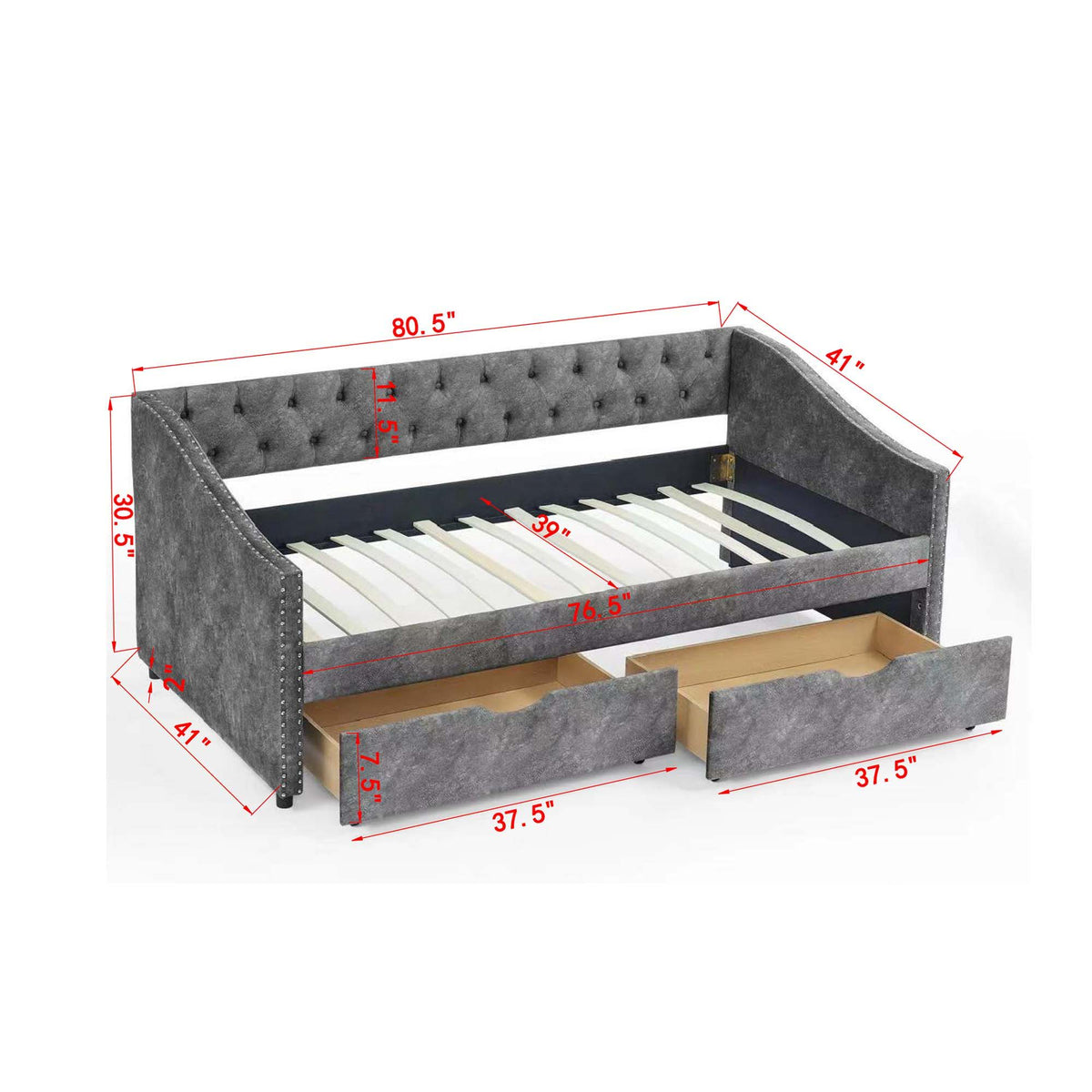 Upholstered Tufted Daybed With 2 Drawers, Waved Arms