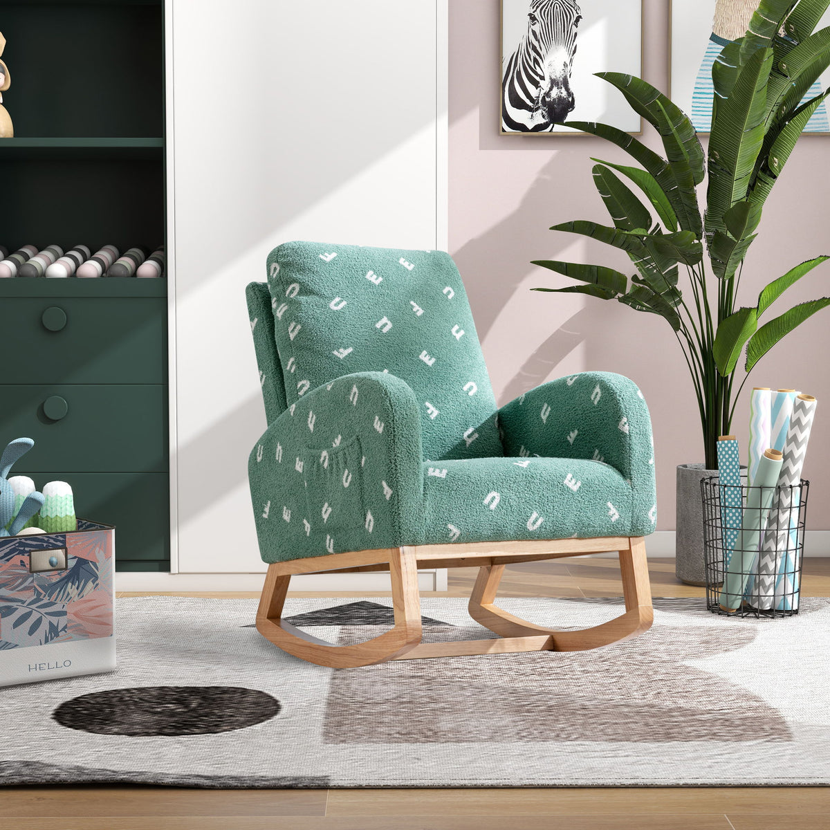 Modern Accent Rocker Armchair With Side Pocket, Upholstered High Back