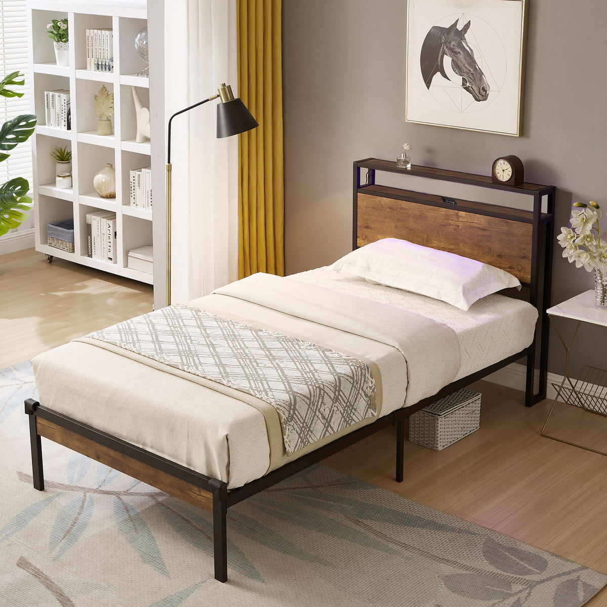Platform Bed Frame With Wooden Headboard And Footboard, USB Liner