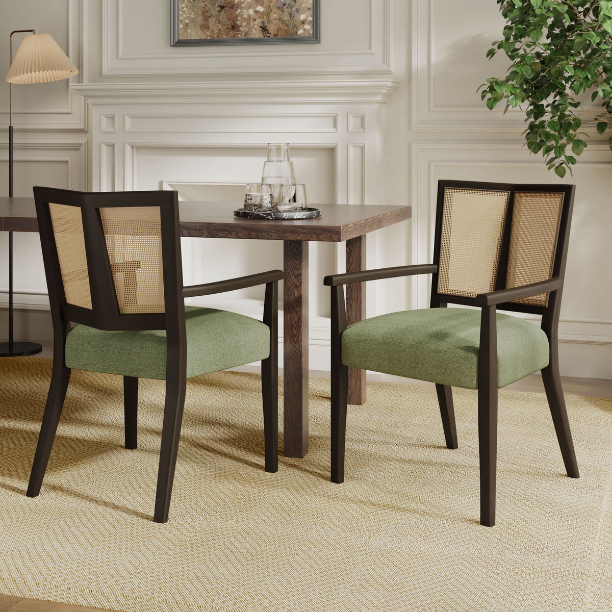Mid Century Modern Arm Dining Chair Set With Rattan Backrest