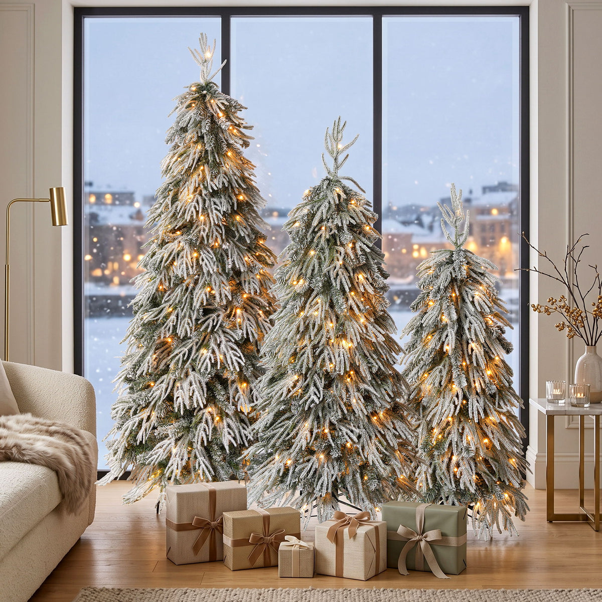 Snowy Cascading Christmas Trees 3 Piece Set With Warm LED Lighting, Flocked Weeping Branches, Multi Level Indoor Decor - Green