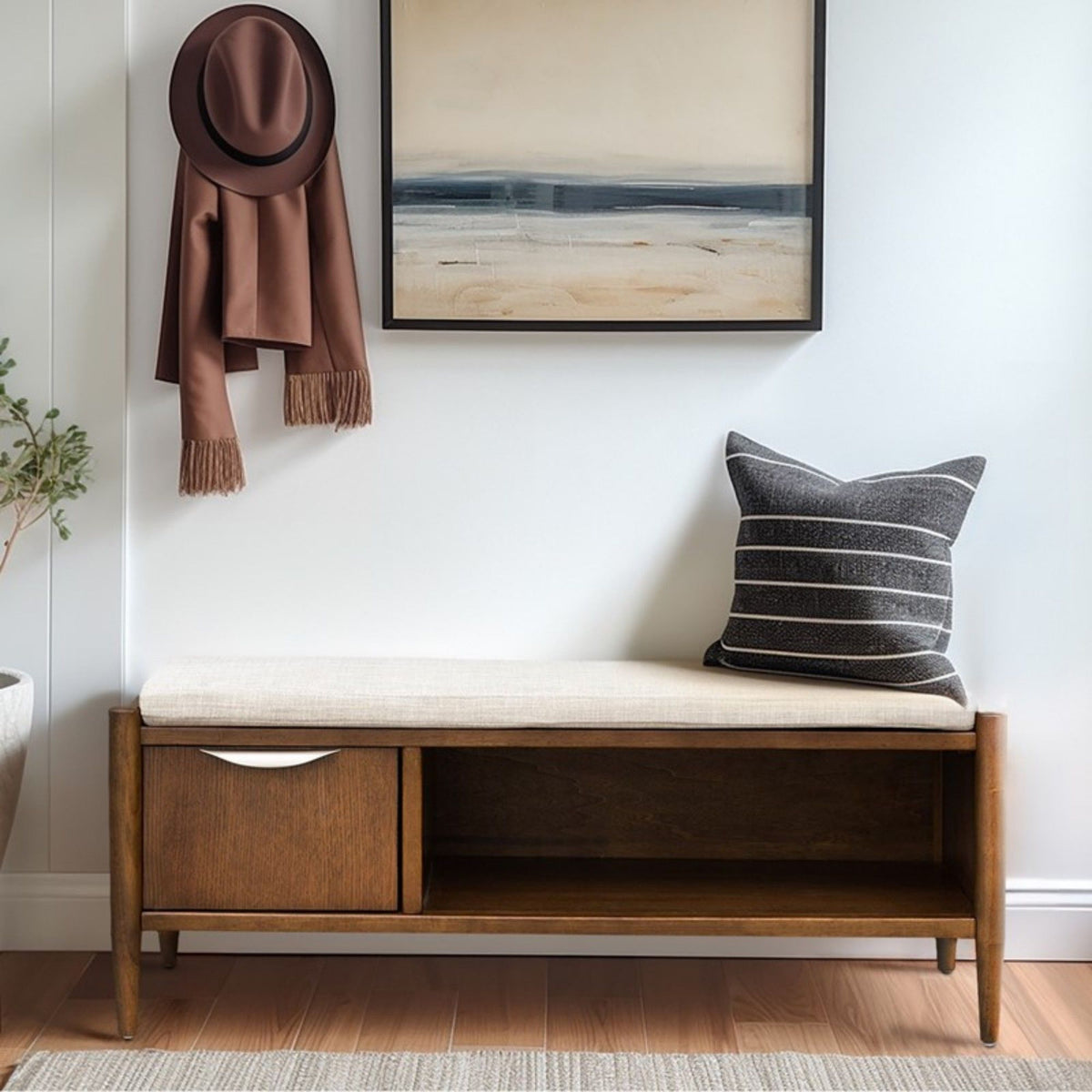 Accent Bench With Storage, Upholstered Cushion - Walnut Brown