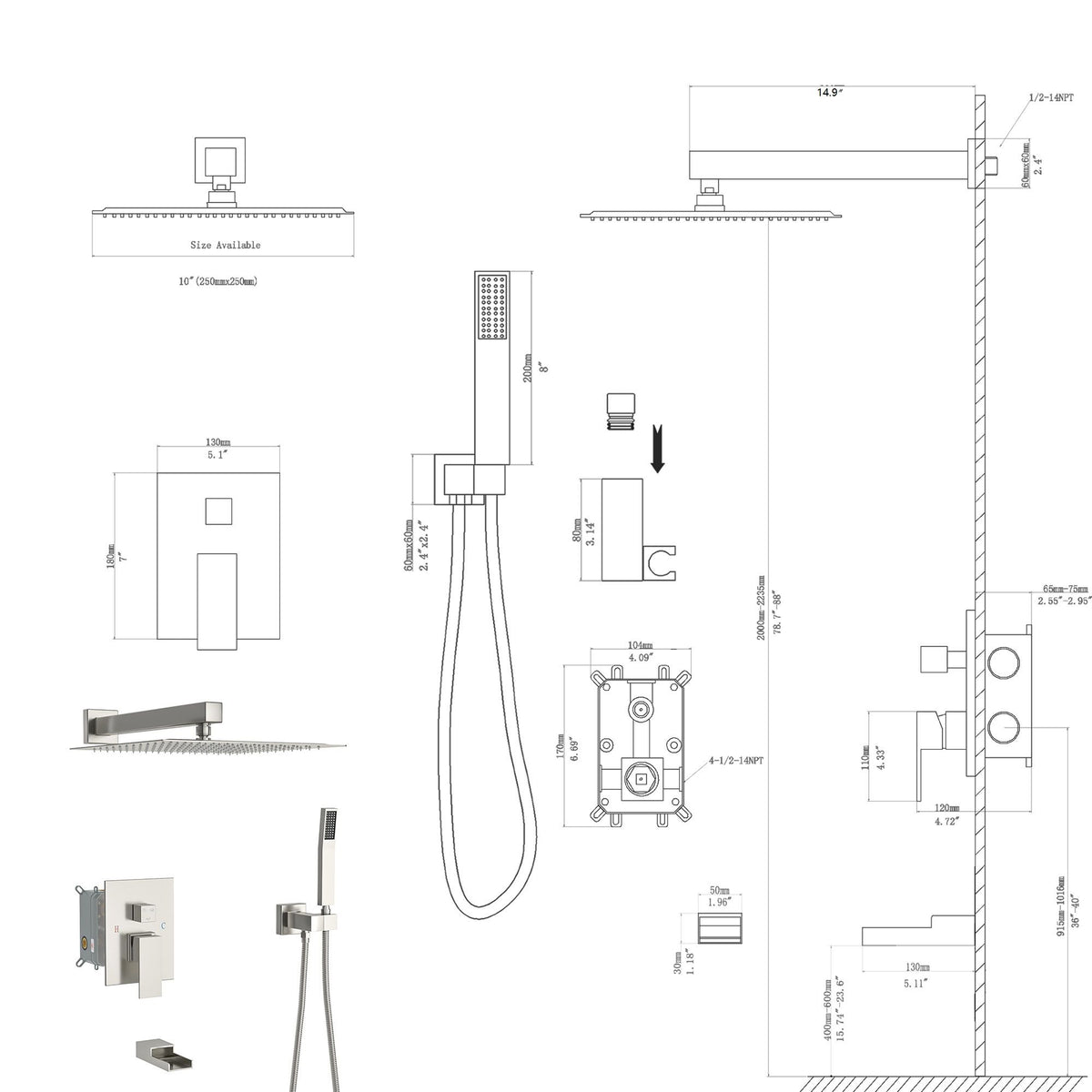 10" Wall Mounted Square Shower System With Rough In Valve