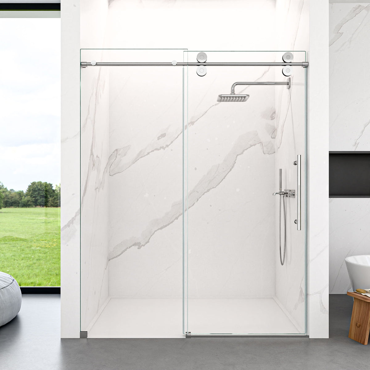 Frameless Single Sliding Shower Door With Clear Tempered Glass