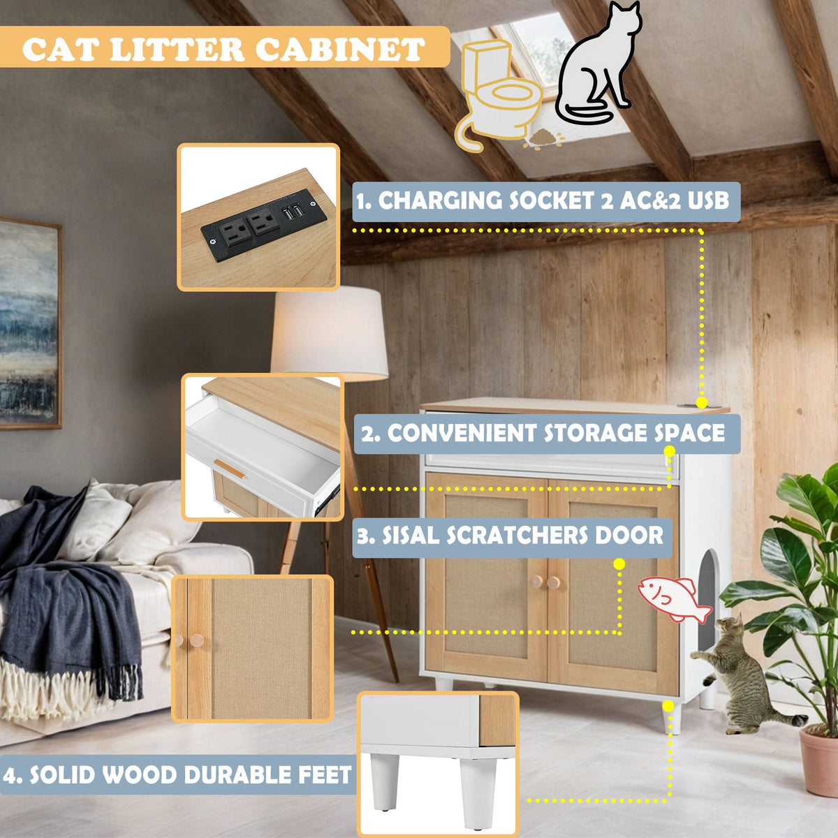 Pet Friendly Furniture Style Cat Litter Box House With Sisal Scratching Door And Charging Socket - Beige / White