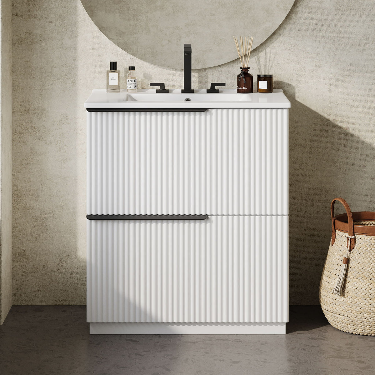 Fluted Bathroom Vanity With Ceramic Sink, Freestanding Cabinet