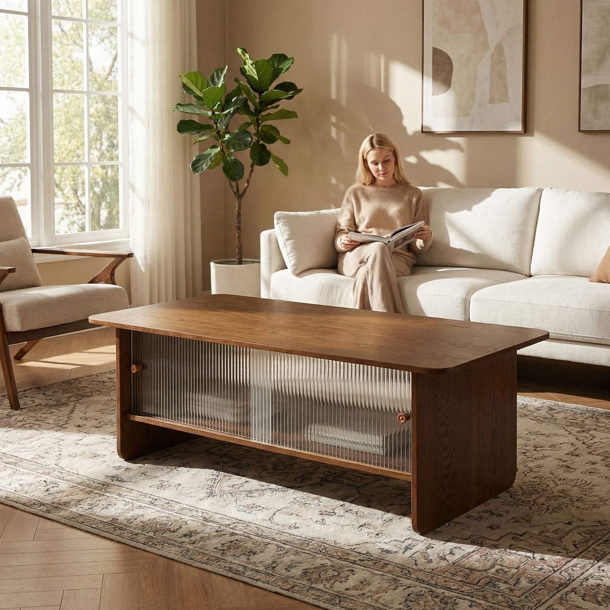 Rectangular Coffee Table With Sliding Door Storage Center
