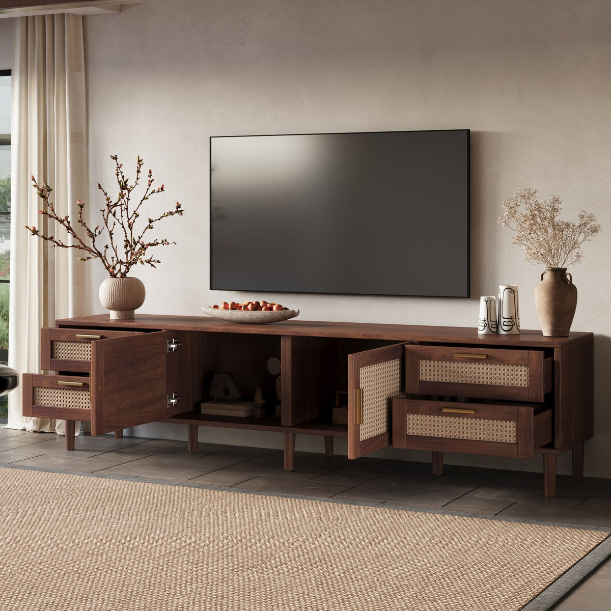TV Stand, Media Console With 4 Drawers, Soft Closing Hinges - Dark Brown