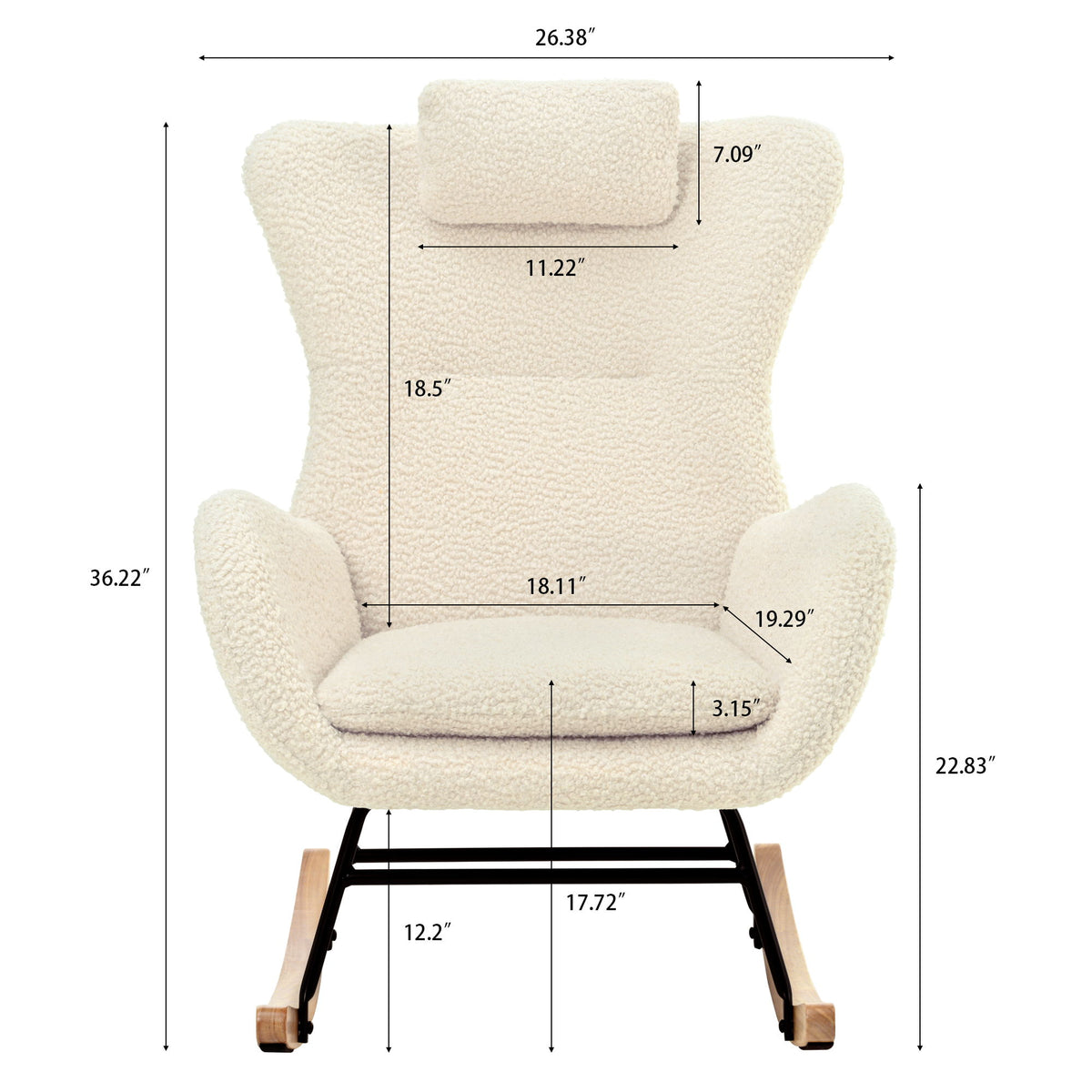 Rocking Chair Nursery, Teddy Upholstered Rocker Glider Chair With High Backrest, Adjustable Headrest & Pocket, Comfy Glider Chair For Nursery, Bedroom, Living Room, Offices, Rubber Wood