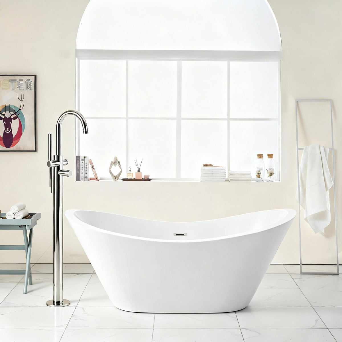 Glossy Freestanding Bathtub, Double Slipper Design, Deep Soaking Comfort