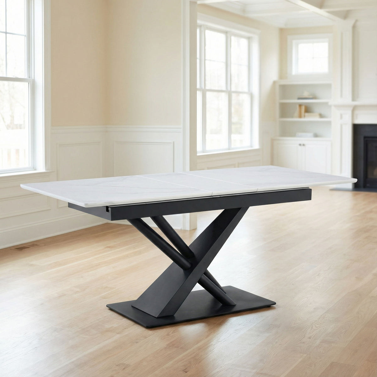 Dining Table With Geometric X Frame For Kitchen Or Dining Room - White Marble