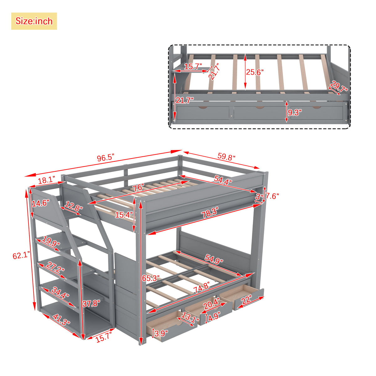 Wood Full Size Convertible Bunk Bed With Storage Staircase, Bedside Table, And 3 Drawers - Gray
