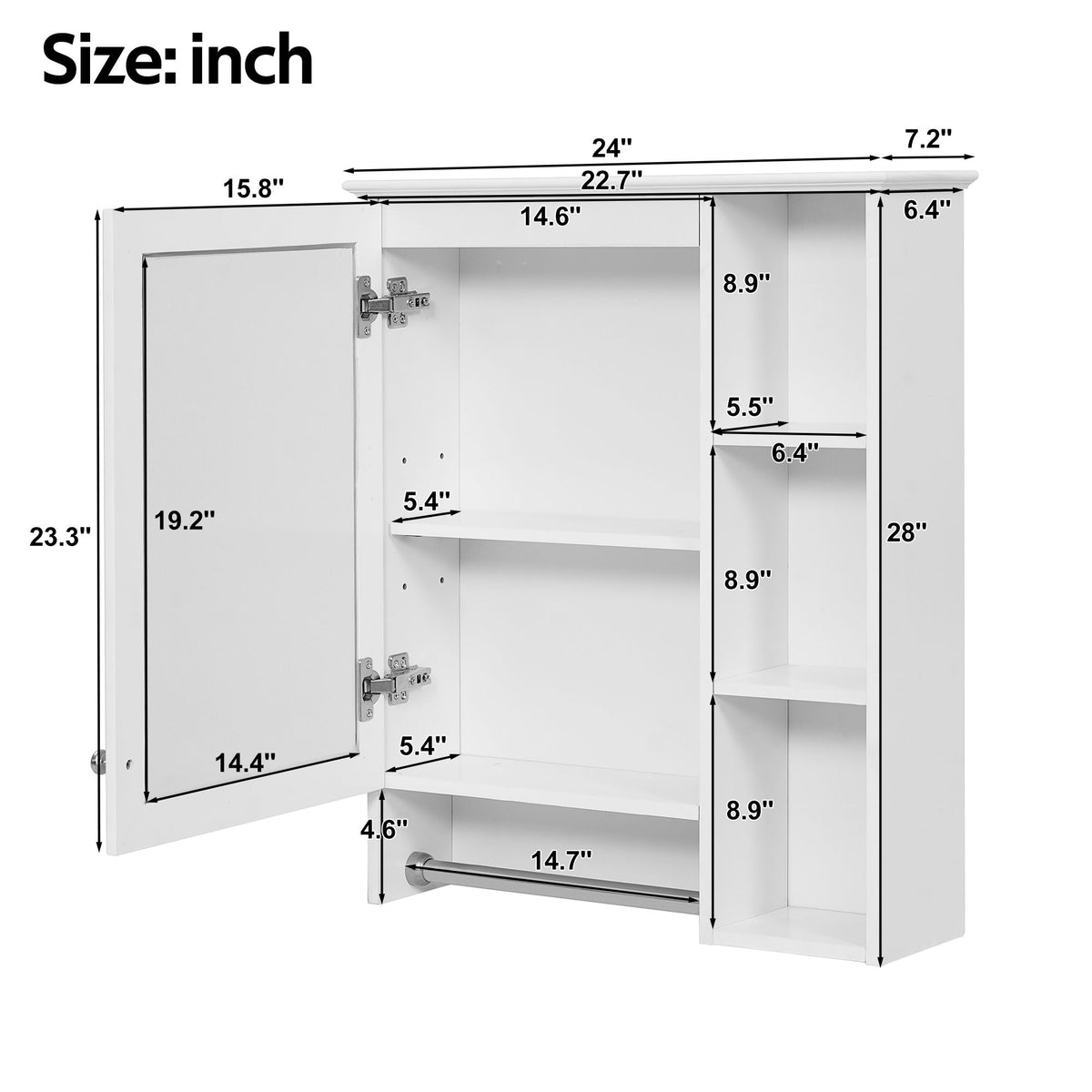 Modern 3 In 1 Bathroom Mirror Cabinet With Adjustable Shelf & Towel Bar