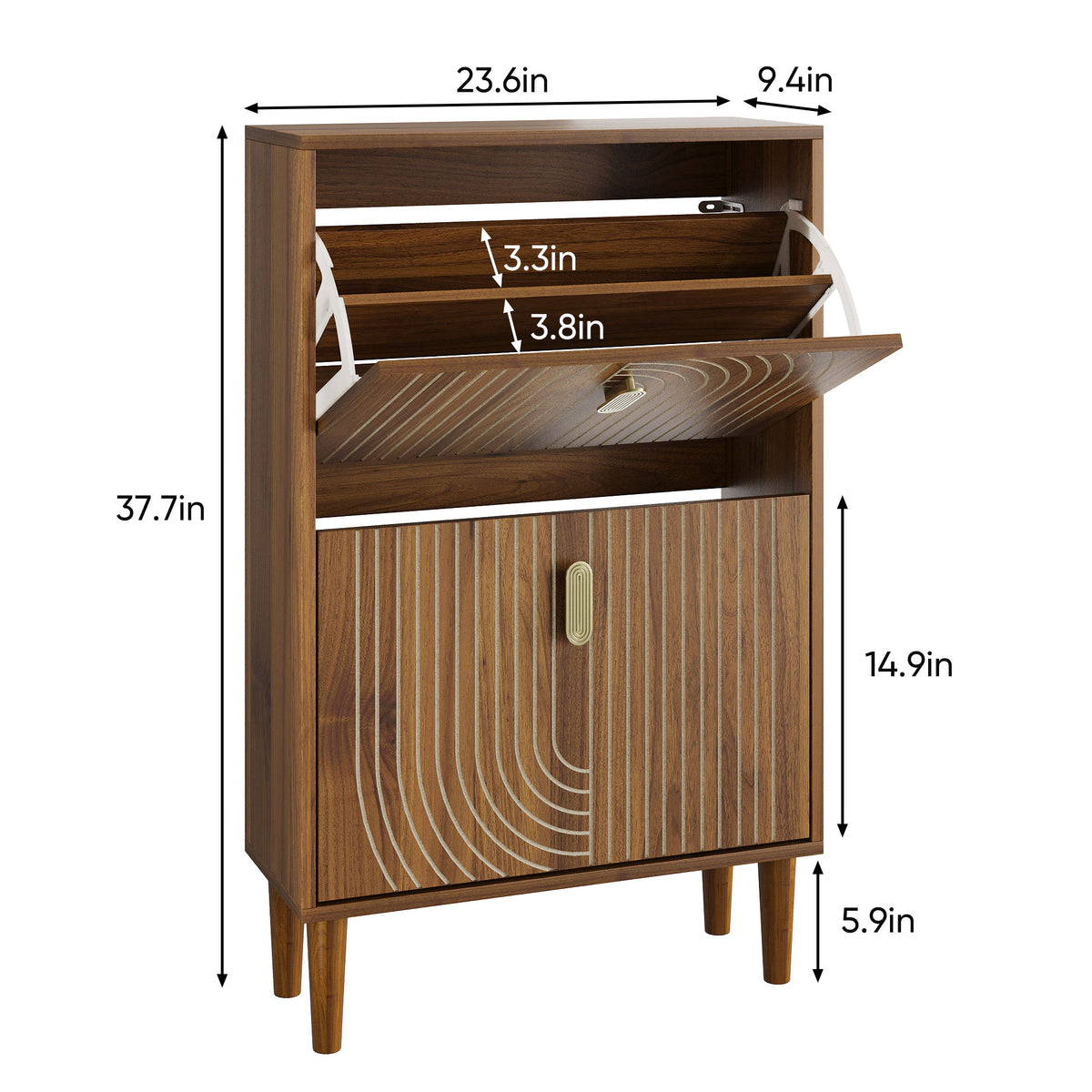 Modern Minimalist Shoe Storage Cabinet With 2 Flip Drawers And Metal Handles - Brown