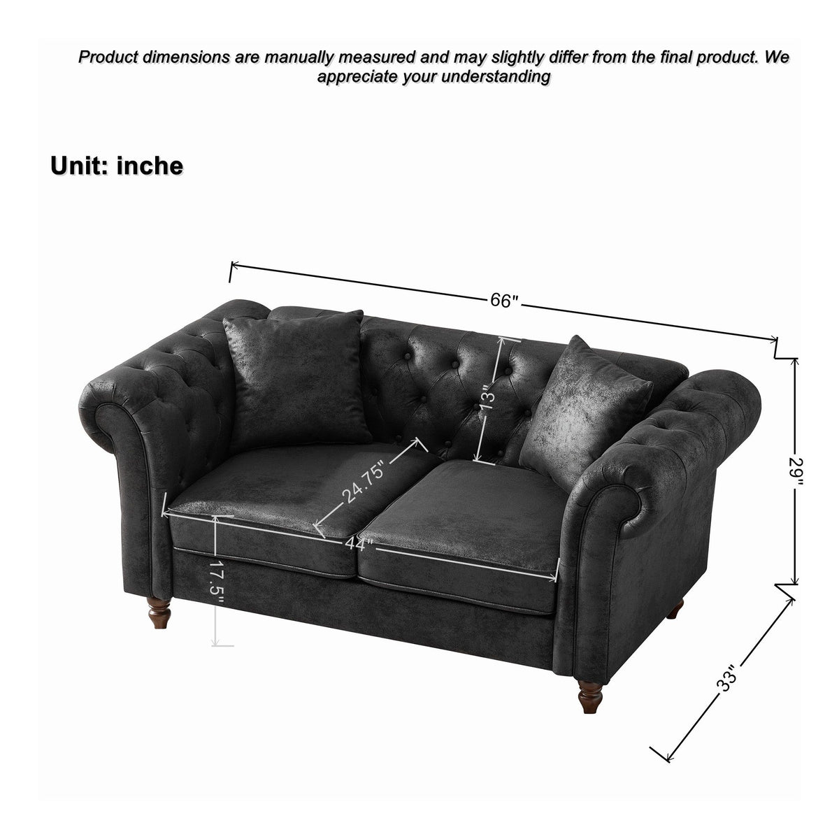 Chesterfield Loveseat, High Tech Fabric Roll Armrest