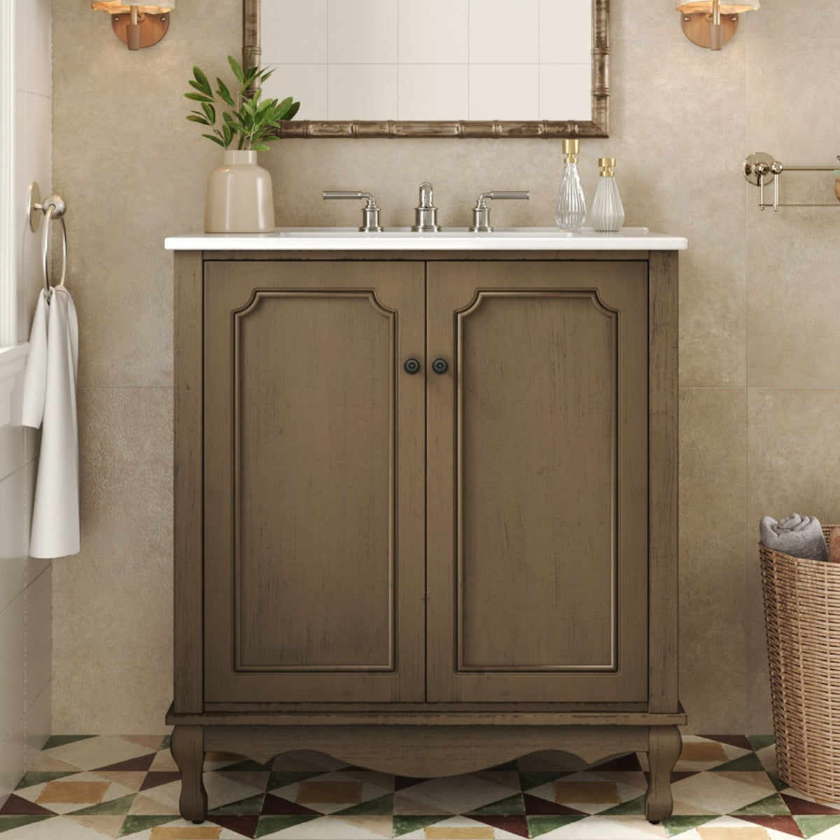 Vintage Bathroom Vanity With Ceramic Sink, Adjustable Shelves