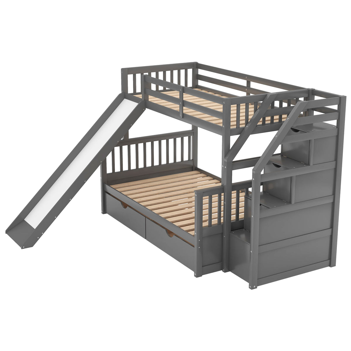 Bunk Bed With Storage Staircase, Slide, Desk, Drawers, And Shelves