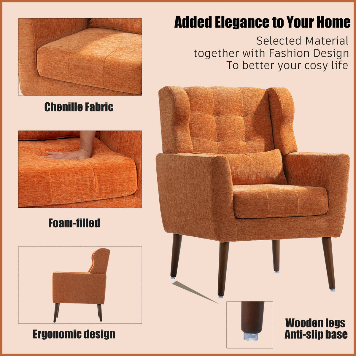 Modern Accent Chair, Arm Chairs For Living Room, Upholstered Mordern Armchair, Comfy Soft Padded Lounge Chair In Small Space, Bedroom, With Pillow, Solid Wood Leg