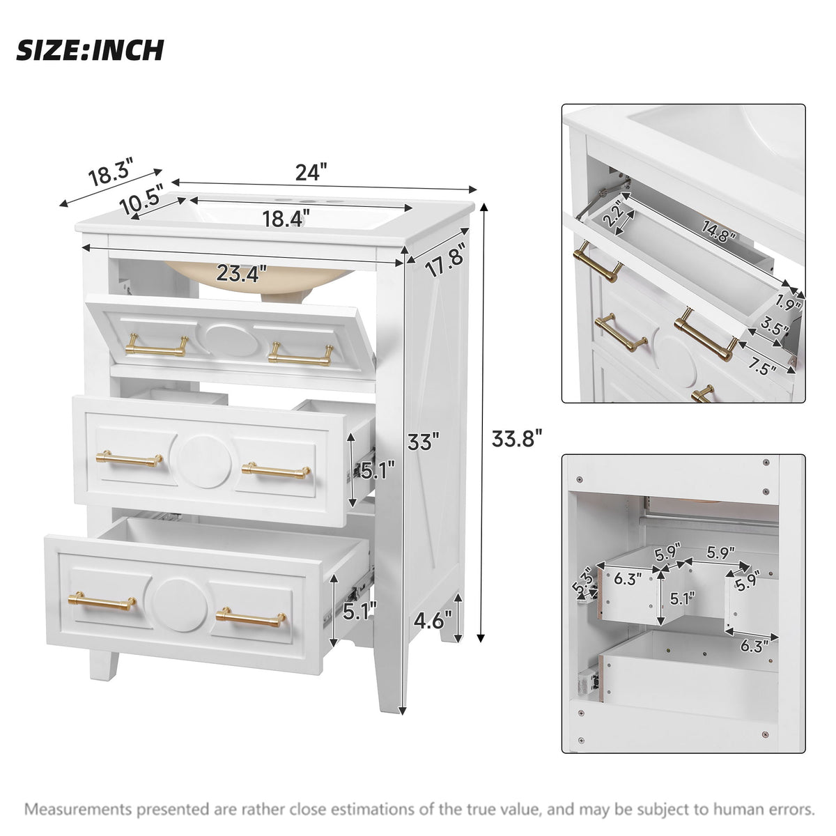 Bathroom Vanity With Sink, Free Standing Single Set, 3 Drawer Storage Cabinet