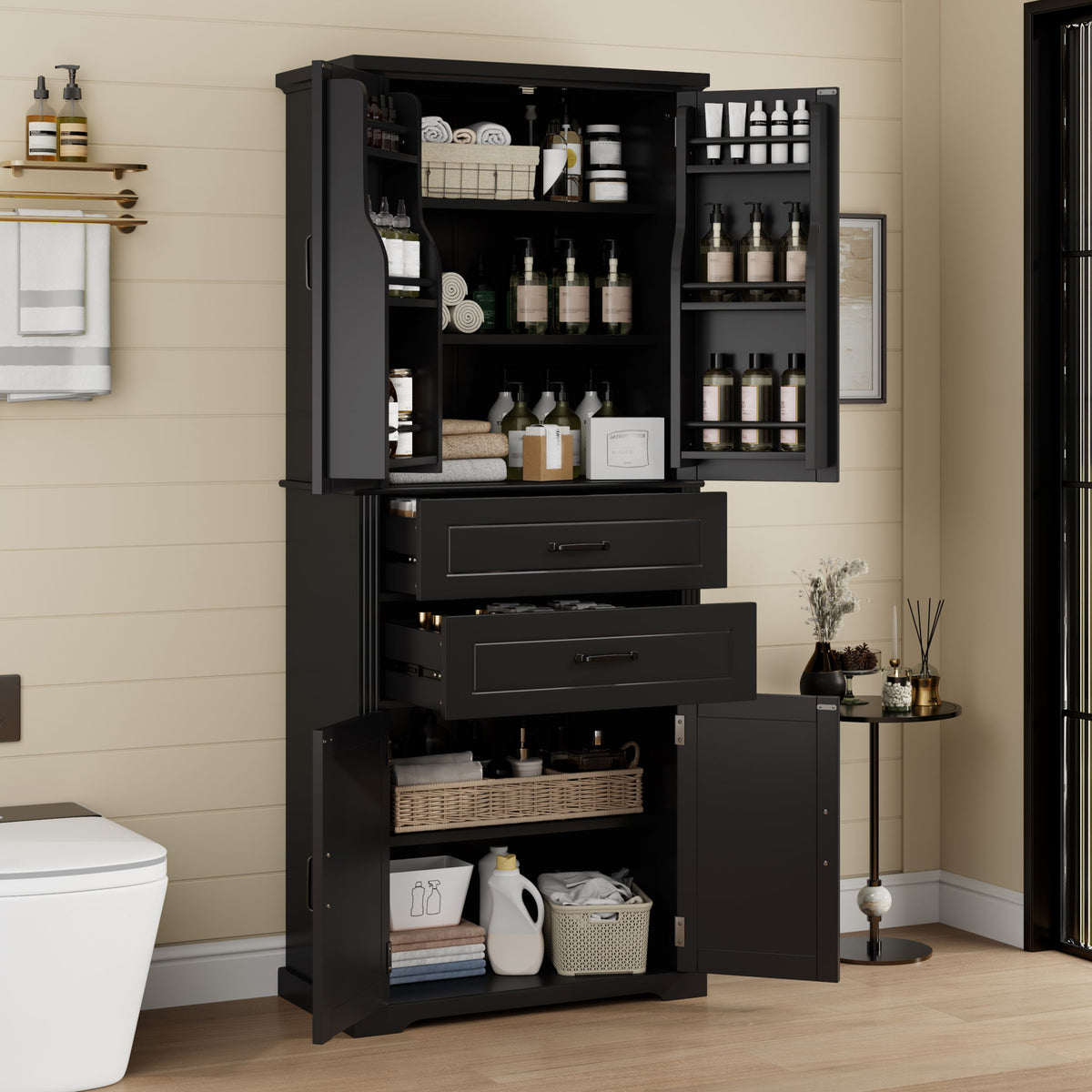 Storage Cabinet With Adjustable Shelves, 2 Drawers, Doors