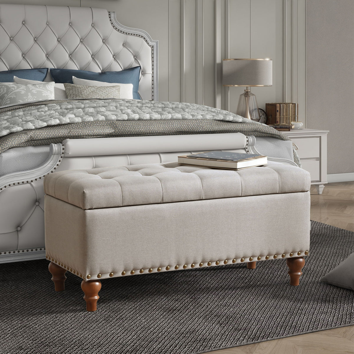 Upholstered Ottoman With Storage And Rivet Trim