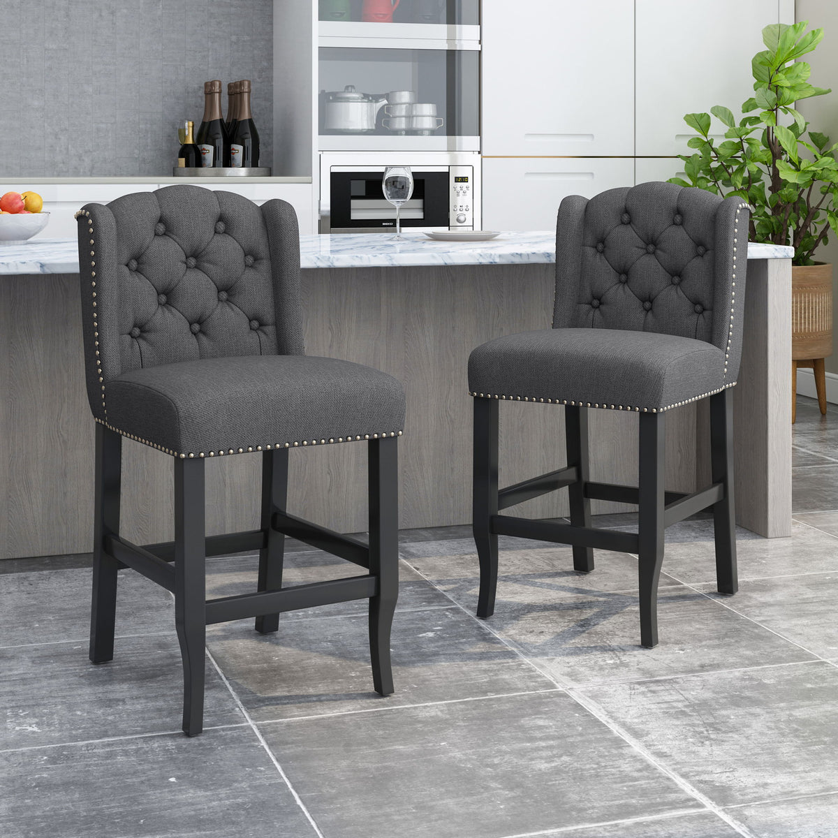 Vienna - Fabric Tufted Counter Stool With Nailhead Accents (Set of 2)