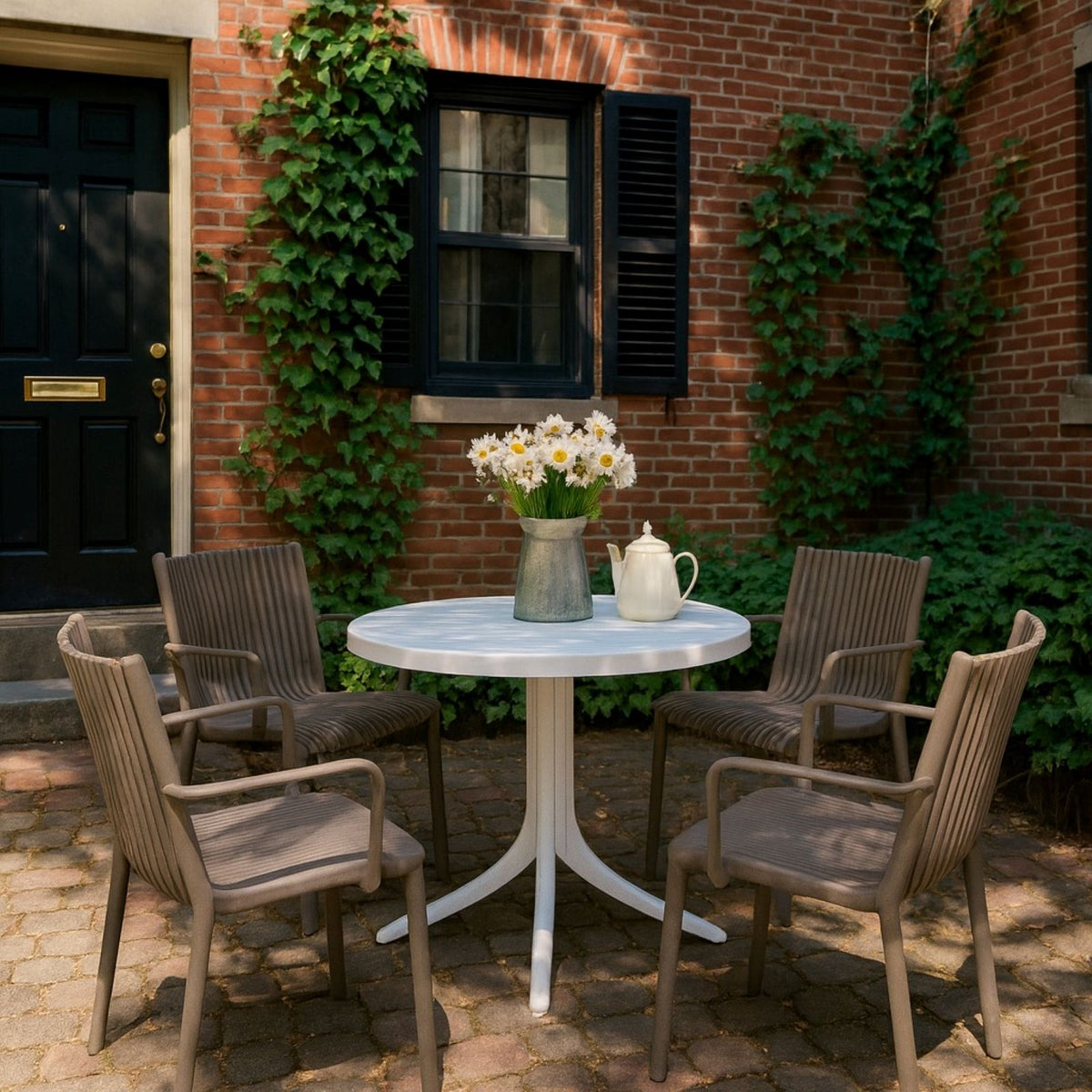 4 Modern Stackable Plastic Armchair Matched With Round Table