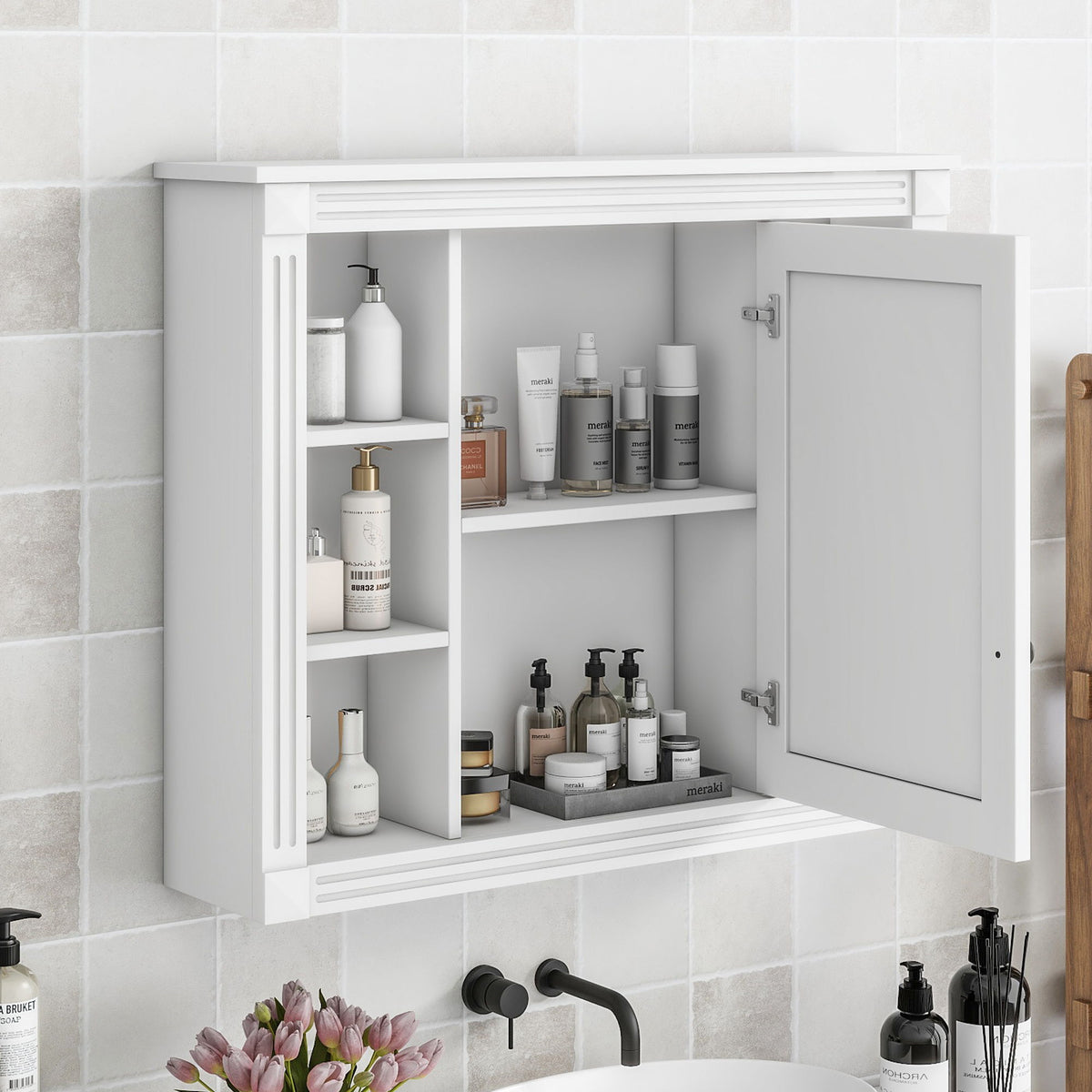 Wall Mounted Bathroom Storage Cabinet With Mirror, Cabinet With 6 Open Shelves And Adjustable Interior