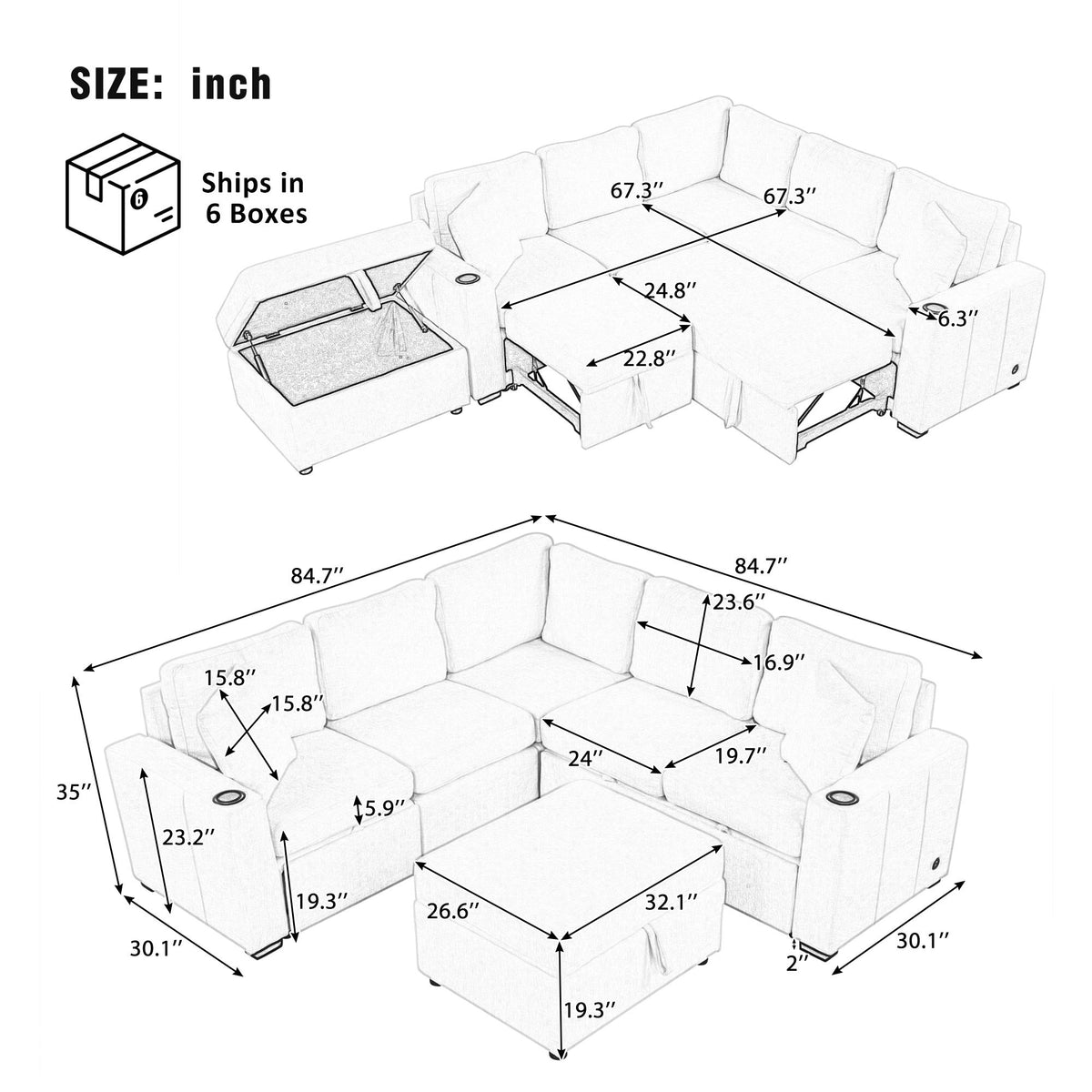 Sectional Sofa Convertible Pull-Out Sofa Bed With A Movable Storage Ottoman For Living Room