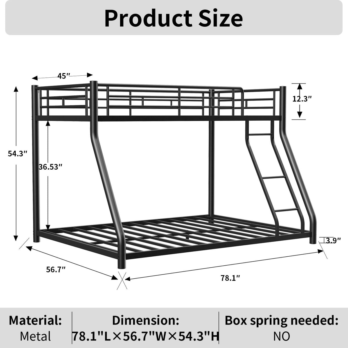 Twin Over Full Metal Bunk Bed Frame With Ladder And Guardrail, Heavy Duty Noise Free Design Metal Construction - Black