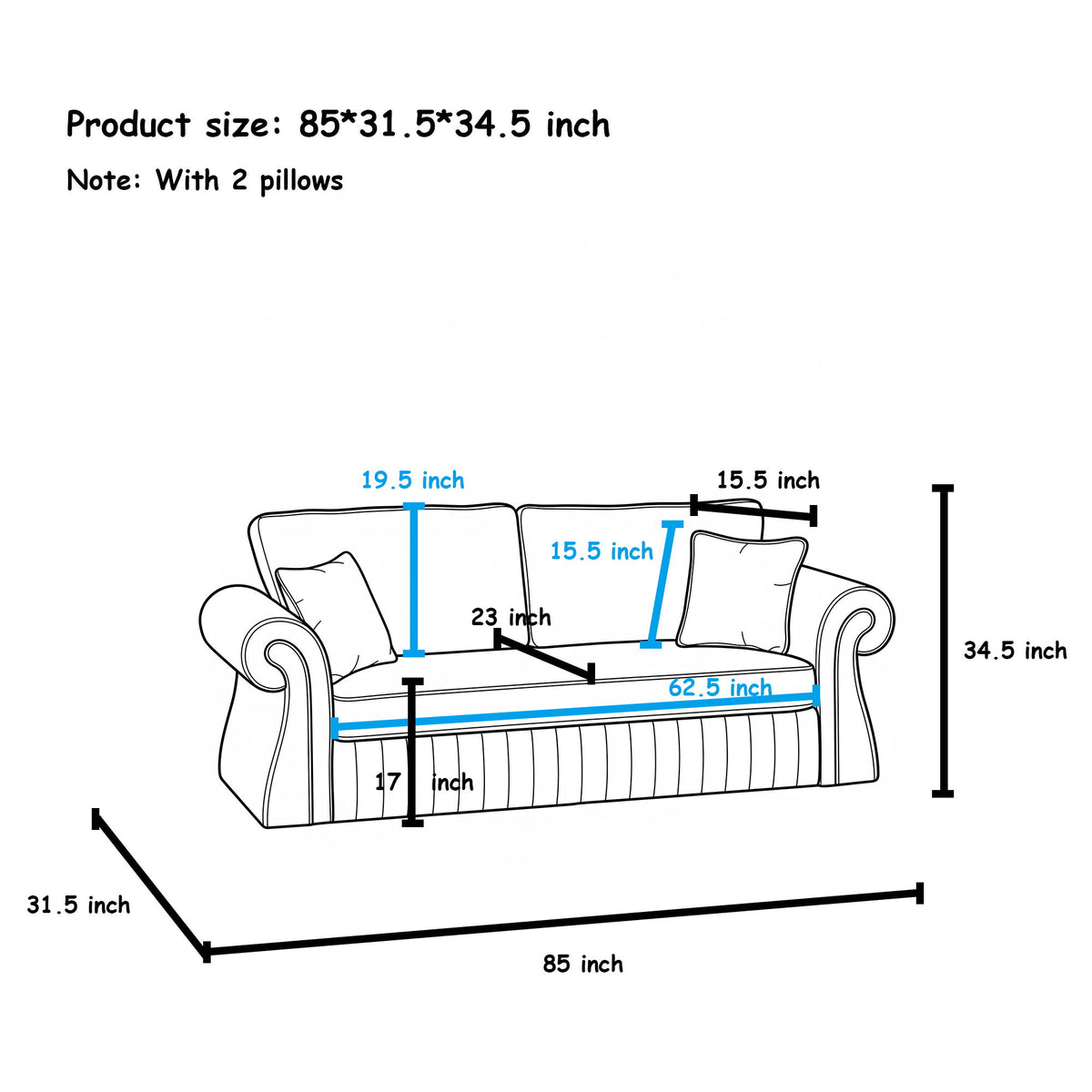 3 Seater Sofa With Pocket Coils And Foam Cushion, Removable Seat
