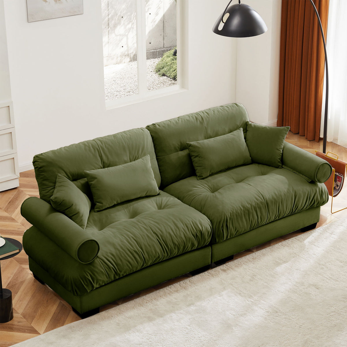 Modern Sofa With Bolstered Armrests And Pillows