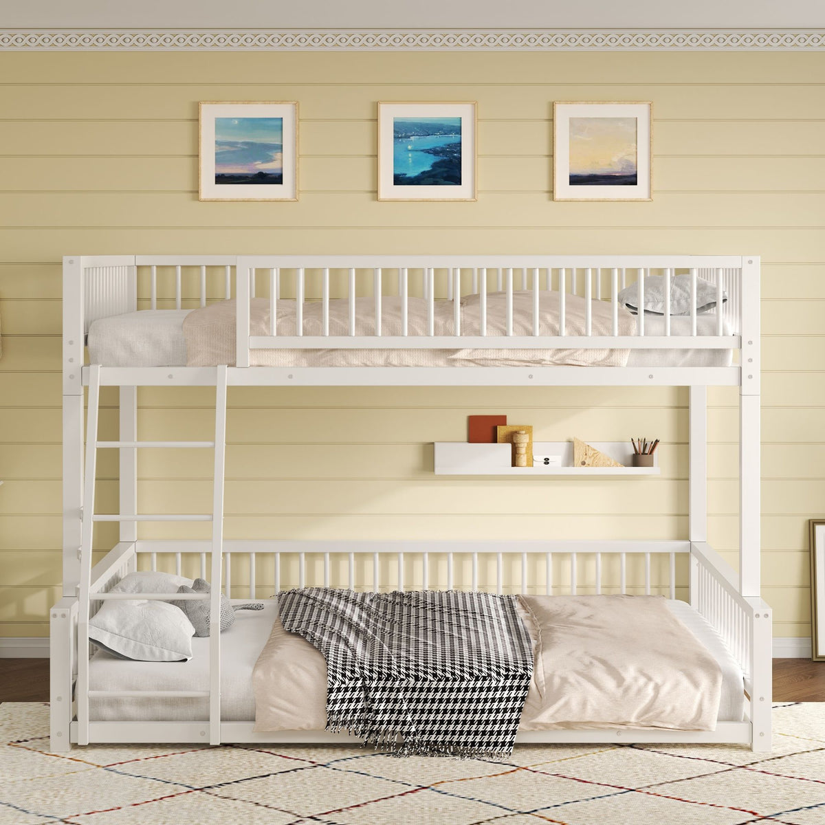 Bunk Bed Frame With Ladder And Safety Guardrails
