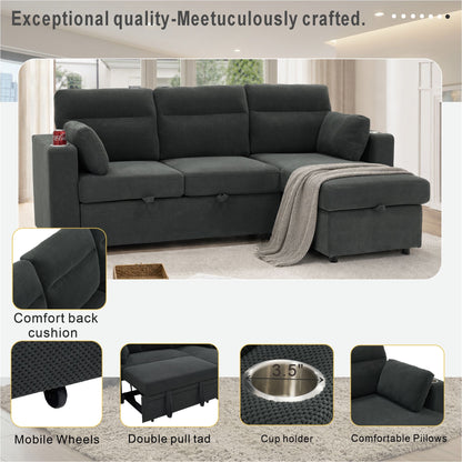 Convertible Sectional Sofa With Storage Chaise, Cup Holders And Pull Out Sleeper