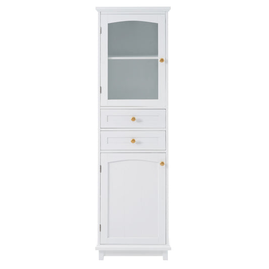 Tall Bathroom Storage Cabinet With Glass Doors, Free-Standing, Two Drawers, And Adjustable Shelves, Board, Painted Perfect For Displaying Your Favorite Items